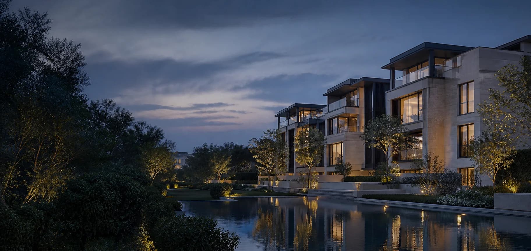 Modern residences opening onto a landscaped pool