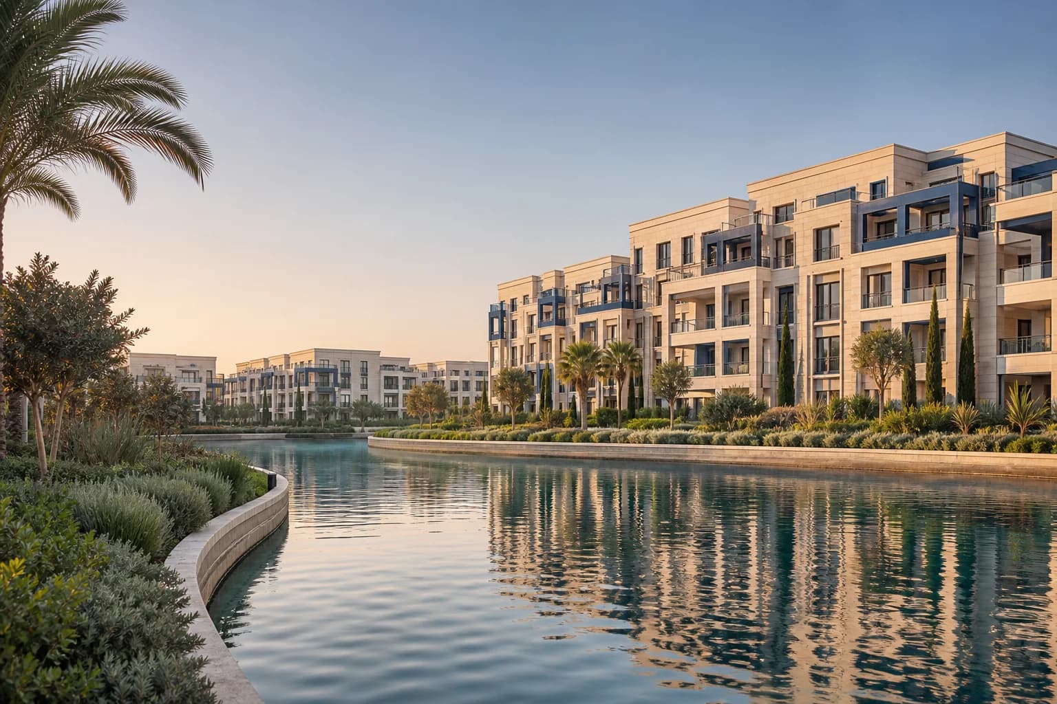 Lake Quarter residences reflected in calm water